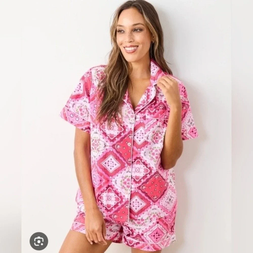 Printfresh Women Cotton Pajama Set 2X Pink Bandana Heart Vintage Valentine